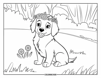 Desen de colorat cu pui de Golden Retriever pentru copii: Cățeluș cu coroană de flori stând pe o pajiște cu copaci în spate