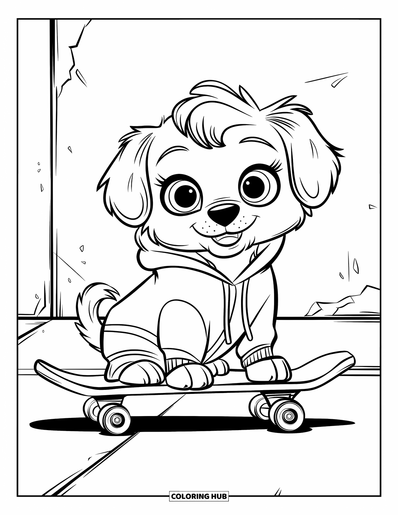 Golden Retriever Puppy Coloring Page for Kids: Fluffy puppy in a hoodie on an orange skateboard near a wall