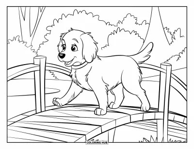 Desen de colorat cu pui de Golden Retriever pentru copii: Cățeluș pufos cu zgardă mergând pe un pod