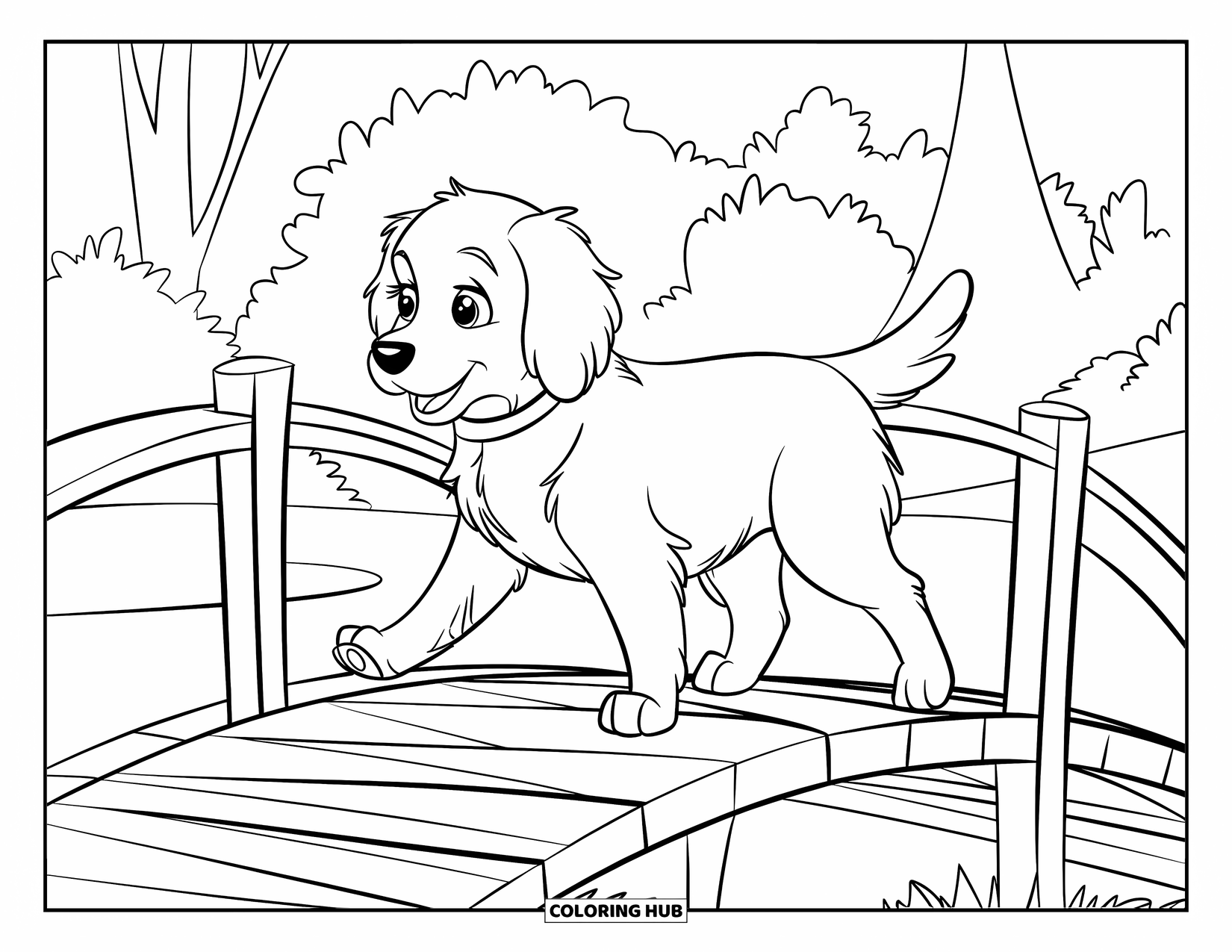 Golden Retriever Puppy Coloring Page for Kids: Fluffy puppy wearing a collar while walking across a bridge