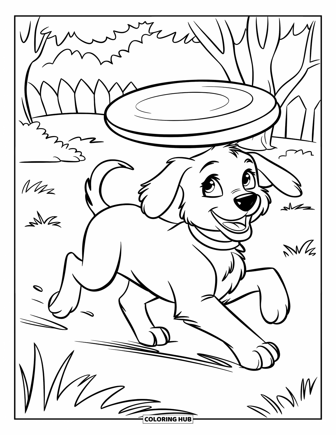 Golden Retriever Puppy Coloring Page for Kids: Frisbee-chasing puppy running near a fence and trees