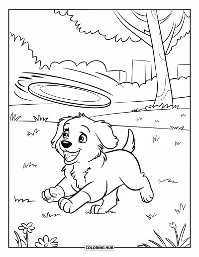 Desen de colorat cu pui de Golden Retriever pentru copii: Golden Retriever alergând după o frisbee pe un câmp cu iarbă verde