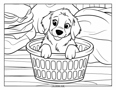 Desen de colorat cu pui de Golden Retriever pentru copii: Golden Retriever într-un coș înconjurat de grămezi de rufe