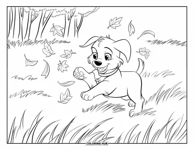Desen de colorat cu pui de Golden Retriever pentru copii: Pui de Golden Retriever sărind prin iarbă înaltă și frunze căzătoare