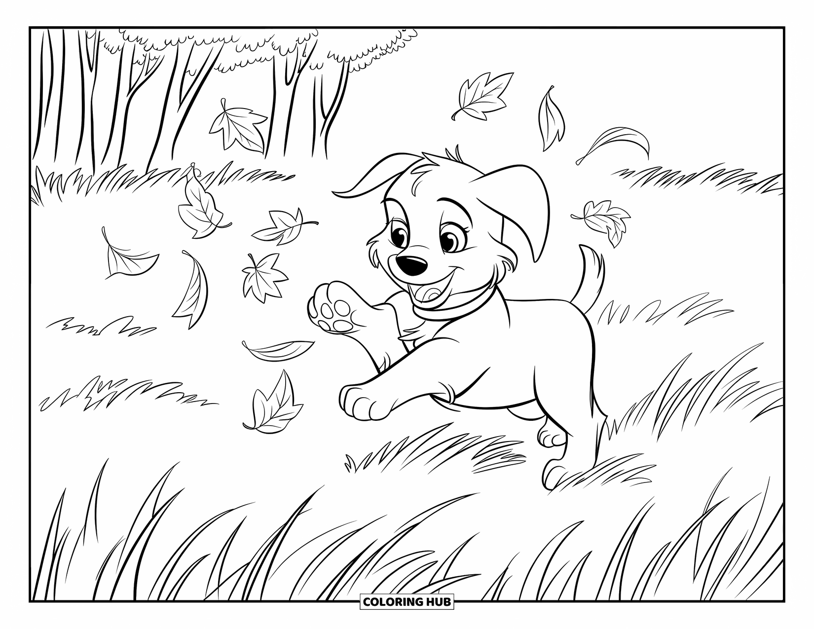 Golden Retriever Puppy Coloring Page for Kids: Golden retriever pup leaping through tall grass and falling leaves