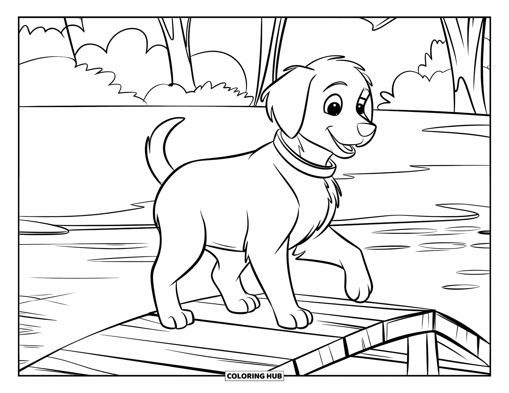 Golden Retriever Puppy Coloring Page for Kids: Golden retriever puppy crossing a bridge over calm park water