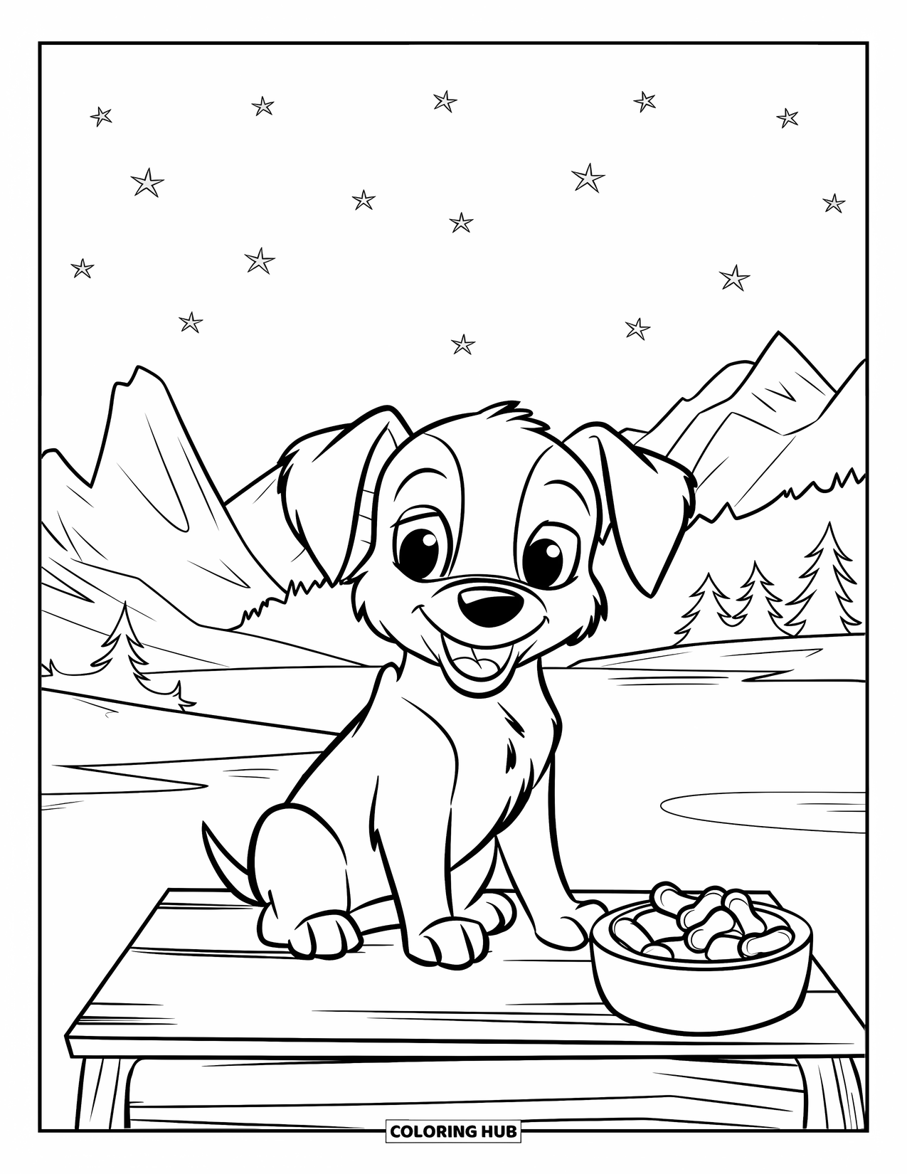Golden Retriever Puppy Coloring Page for Kids: Golden retriever with treats on a platform near mountains and stars