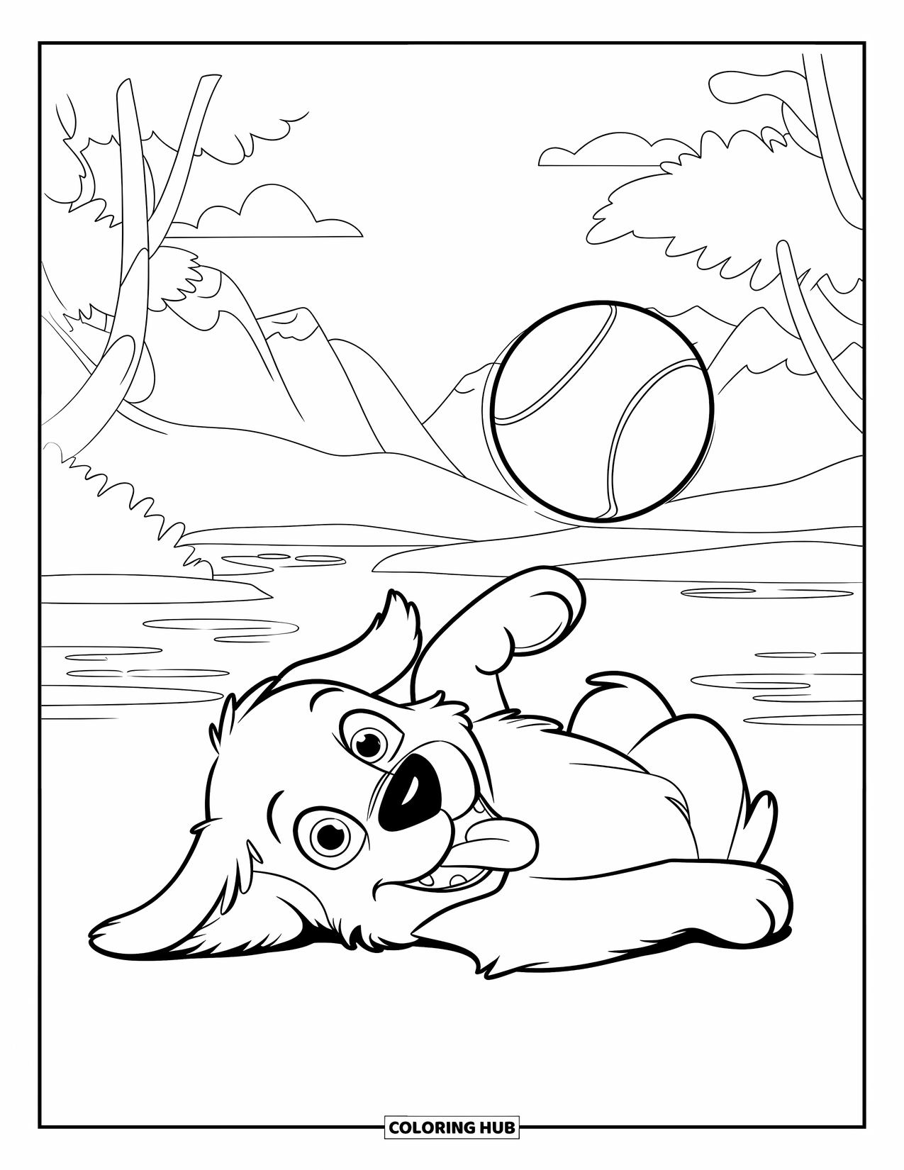 Golden Retriever Puppy Coloring Page for Kids: Happy puppy lying on its back under trees and mountains