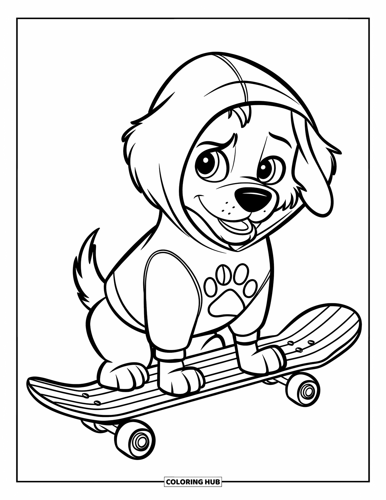 Golden Retriever Puppy Coloring Page for Kids: Hoodie-wearing puppy on a skateboard with a bold stripe