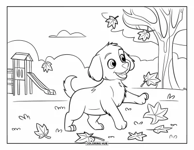 Desen de colorat cu pui de Golden Retriever pentru copii: Cățeluș jucăuș prindând frunze lângă un loc de joacă și copaci colorați