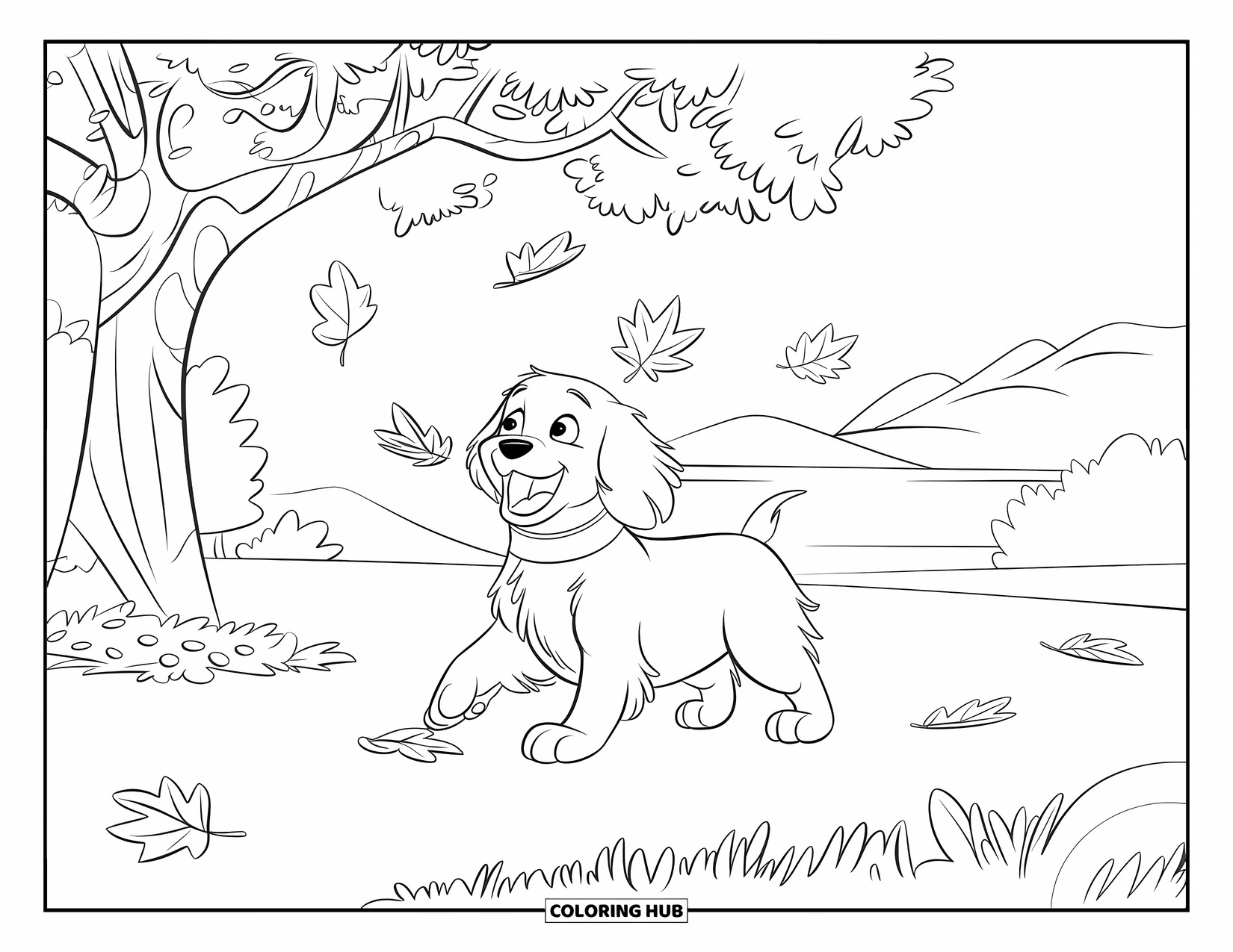 Golden Retriever Puppy Coloring Page for Kids: Puppy catching yellow leaves near a tree and peaceful water