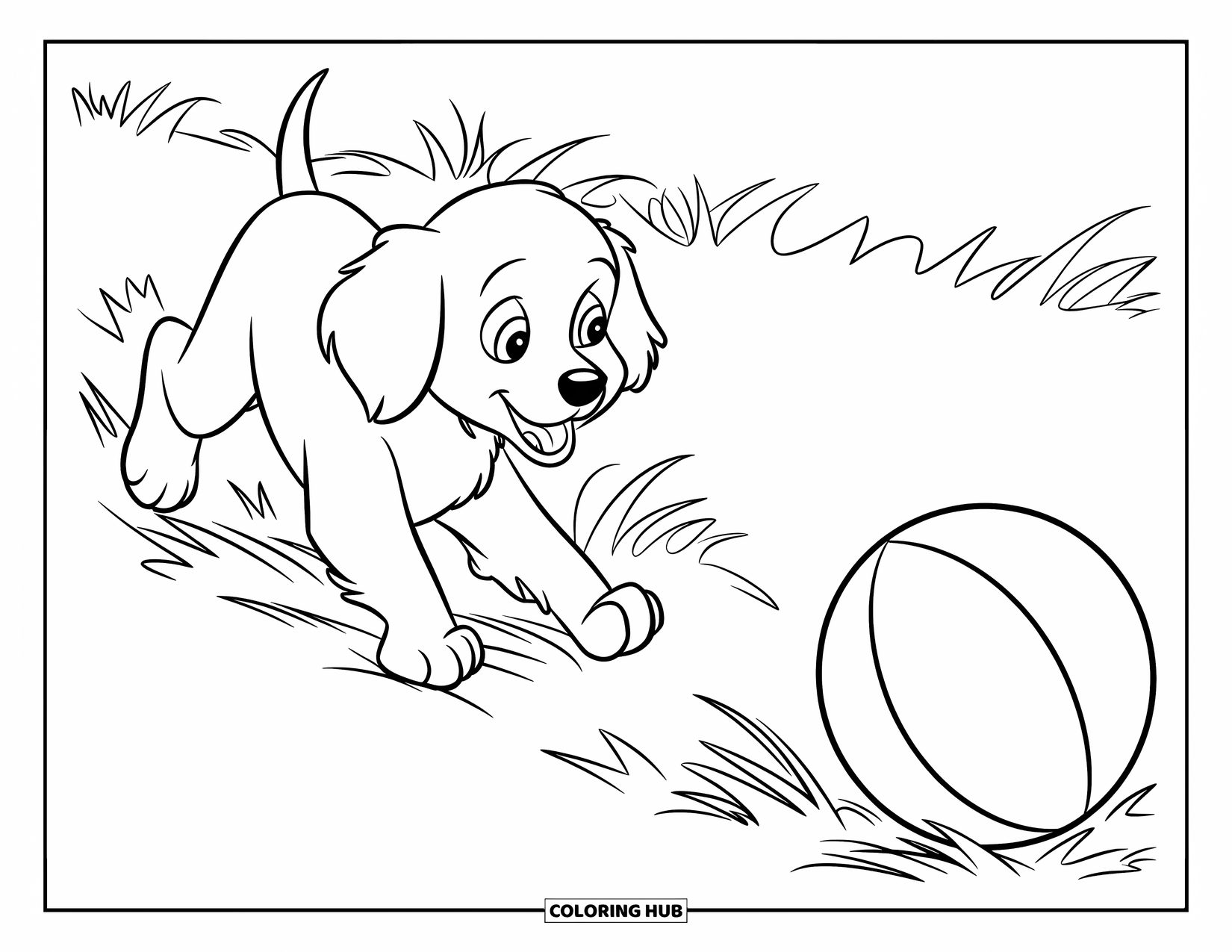 Golden Retriever Puppy Coloring Page for Kids: Puppy chasing a ball across the grass with bouncy steps