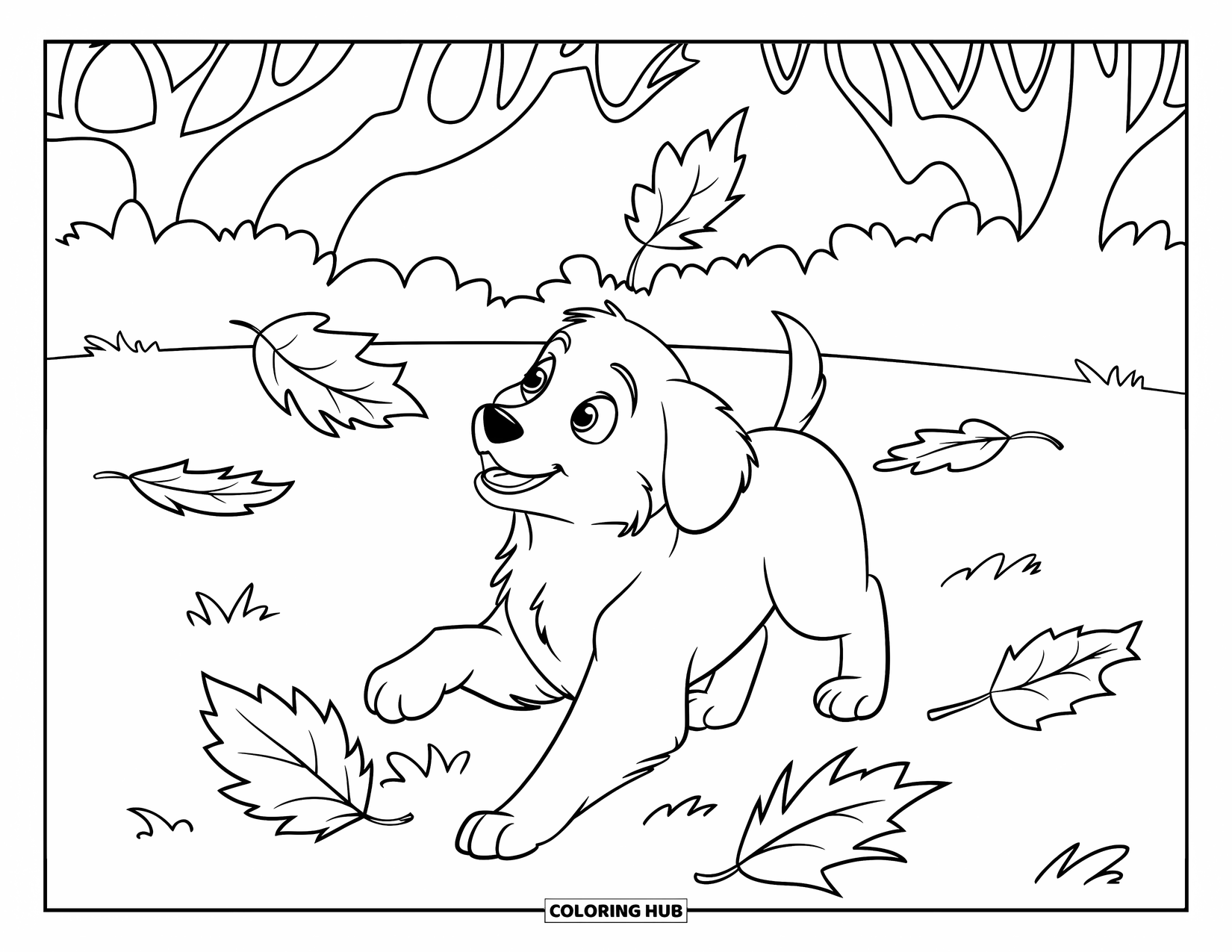 Golden Retriever Puppy Coloring Page for Kids: Puppy chasing autumn leaves in a grassy field with bare trees