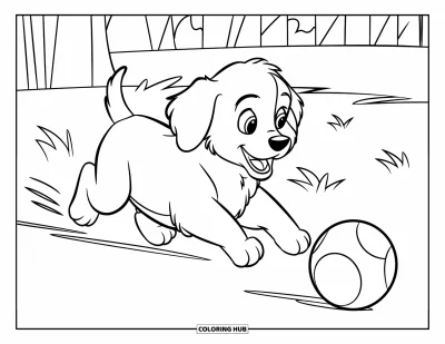 Desen de colorat cu pui de Golden Retriever pentru copii: Cățeluș alergând după o minge lângă copaci și un gard simplu