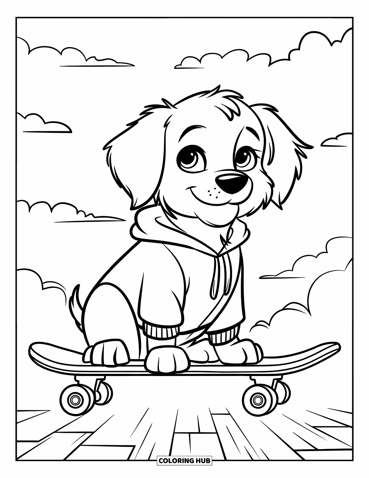 Golden Retriever Puppy Coloring Page for Kids: Puppy in a hoodie sitting on a skateboard with clouds above