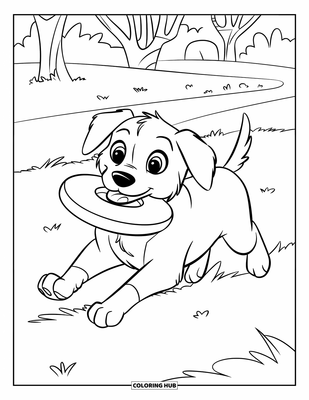 Golden Retriever Puppy Coloring Page for Kids: Puppy leaping mid-air to catch a frisbee near trees