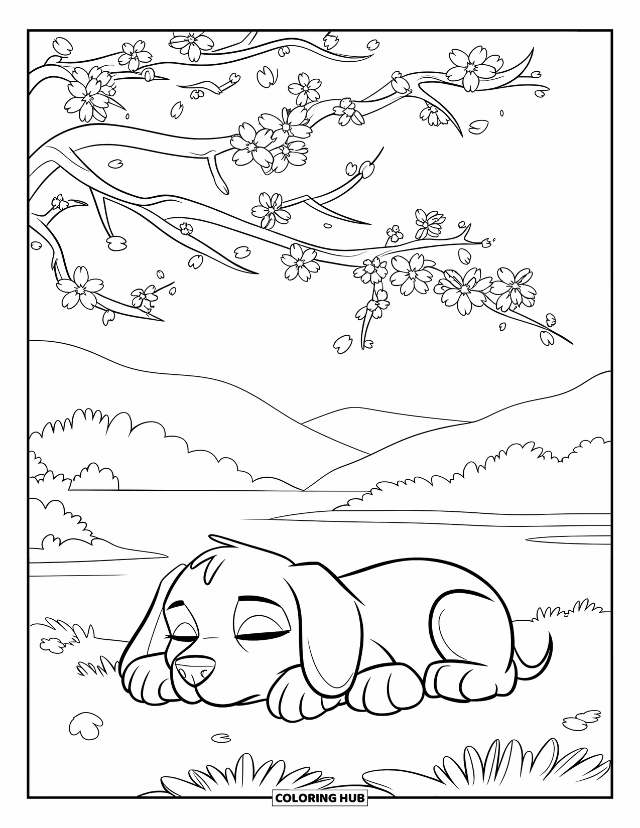 Golden Retriever Puppy Coloring Page for Kids: Puppy napping under a blooming cherry blossom tree