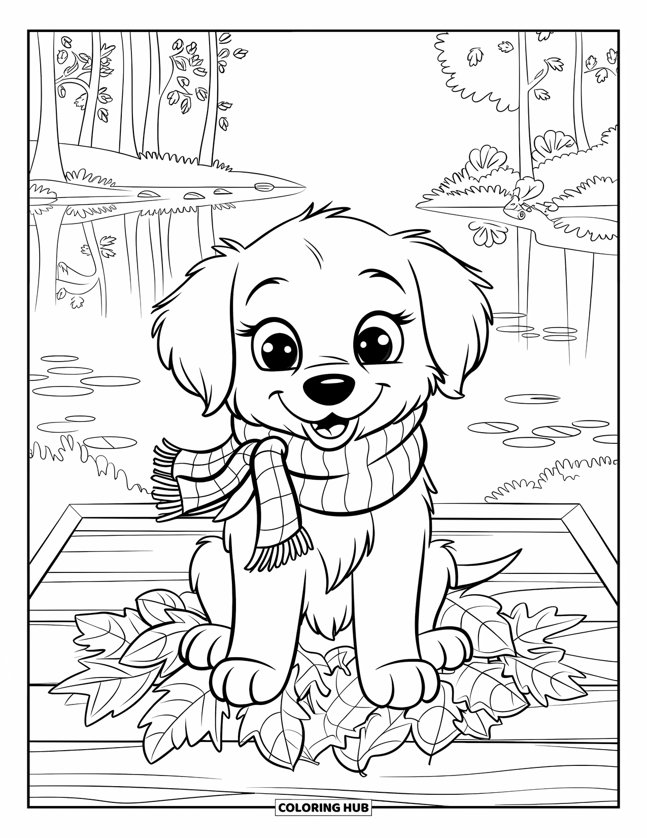 Golden Retriever Puppy Coloring Page for Kids: Puppy on a wooden platform near autumn trees and a calm lake