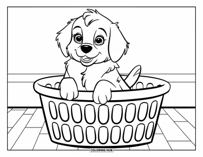 Desen de colorat cu pui de Golden Retriever pentru copii: Cățeluș așezat într-un coș de rufe pe un podea de lemn