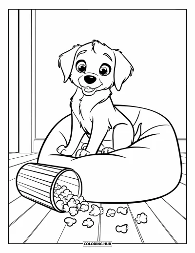 Desen de colorat cu pui de Golden Retriever pentru copii: Cățeluș pe un fotoliu puf cu popcorn împrăștiat pe podea