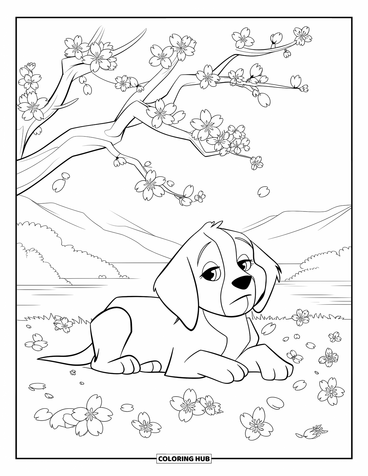 Golden Retriever Puppy Coloring Page for Kids: Puppy sleeping near blooming cherry trees and mountain views