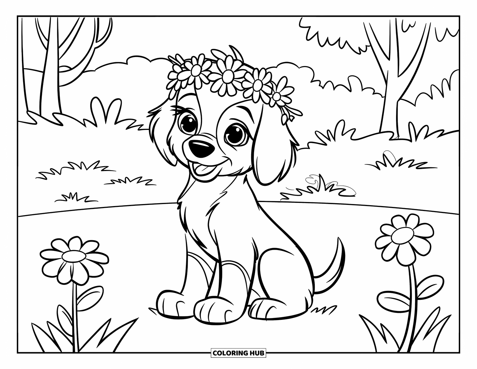 Golden Retriever Puppy Coloring Page for Kids: Puppy wearing a flower crown sitting on grassy field