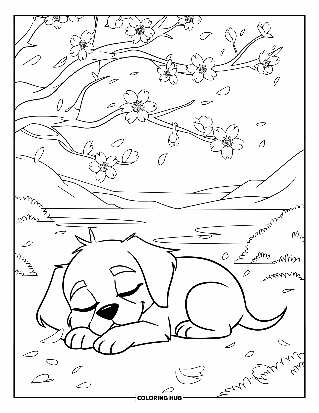 Golden Retriever Puppy Coloring Page for Kids: Relaxed puppy under a cherry tree with petals on the ground