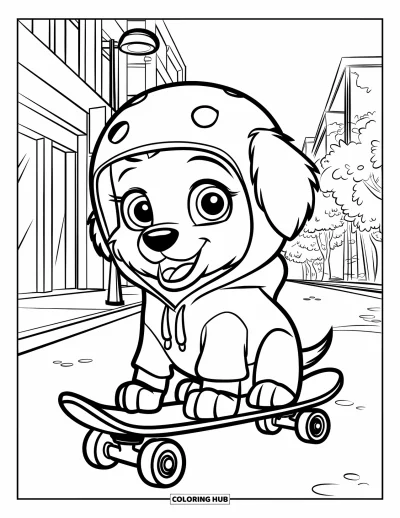 Desen de colorat cu pui de Golden Retriever pentru copii: Cățeluș pe skateboard, îmbrăcat cu un hanorac și cască, pe o stradă din oraș