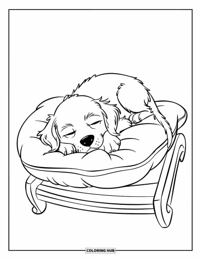 Desen de colorat cu pui de Golden Retriever pentru copii: Cățeluș adormit ghemuit pe o pernă pe un suport de lemn