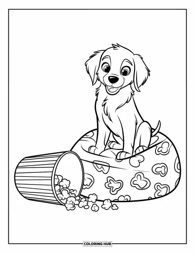 Desen de colorat cu pui de Golden Retriever pentru copii: Cățeluș surprins pe un fotoliu puf decorat lângă popcorn vărsat