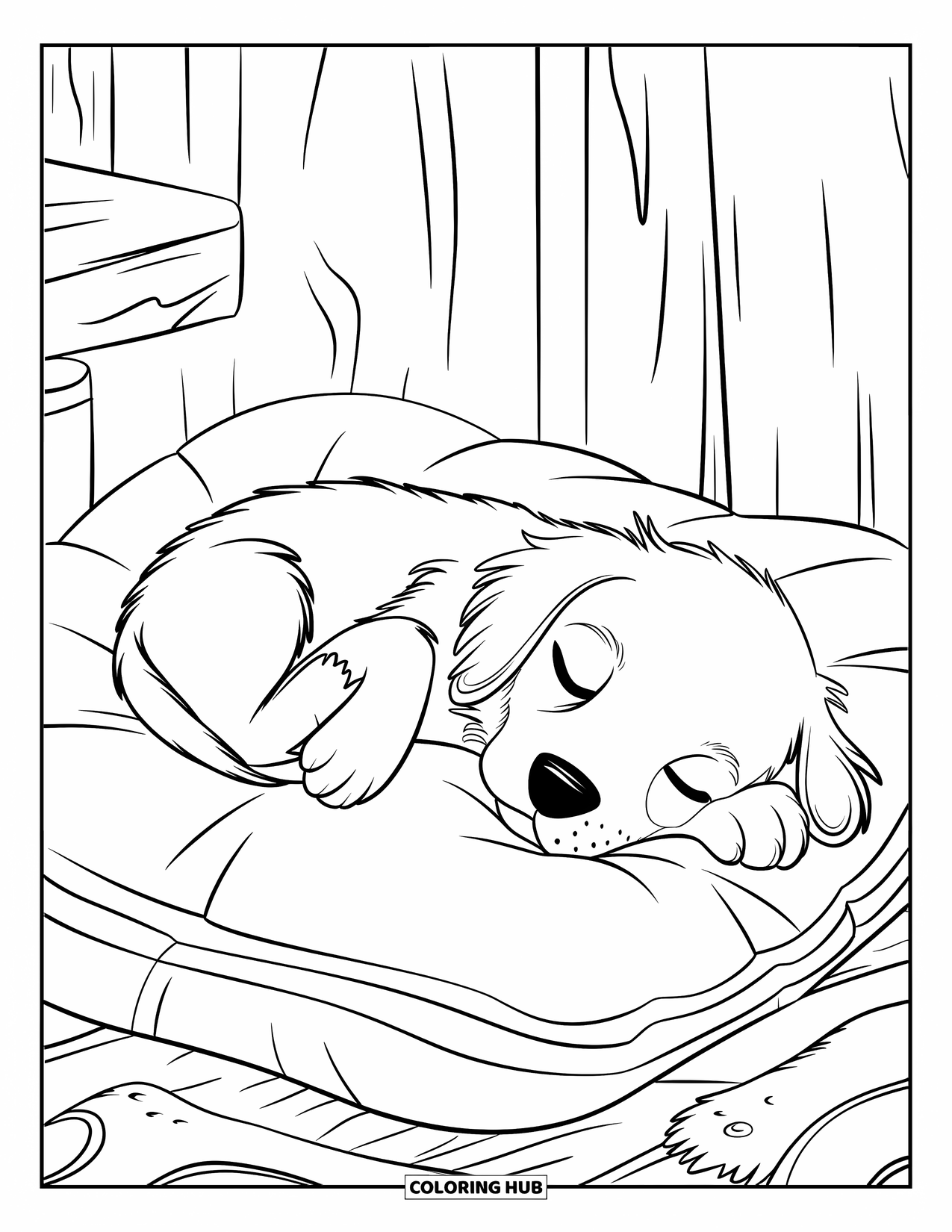 Golden Retriever Puppy Coloring Page for Kids: Tired puppy resting on a pillow in a cozy indoor scene