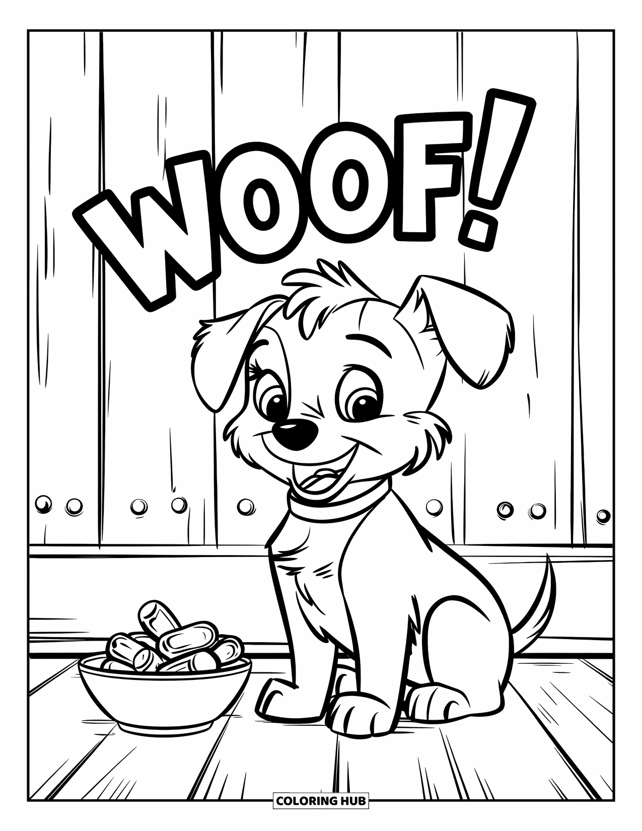 Golden Retriever Puppy Coloring Page for Kids: Wagging puppy with a treat bowl and "Woof!" above its head