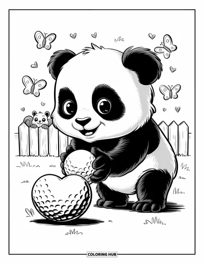 Coloriage de golf pour adultes : Un bébé panda pousse délicatement une balle de golf vers une coupe en forme de cœur entourée de papillons