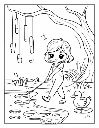 Coloriage de golf pour adultes : Une fille chibi swingue près d'un étang avec des nénuphars et un canard somnolent