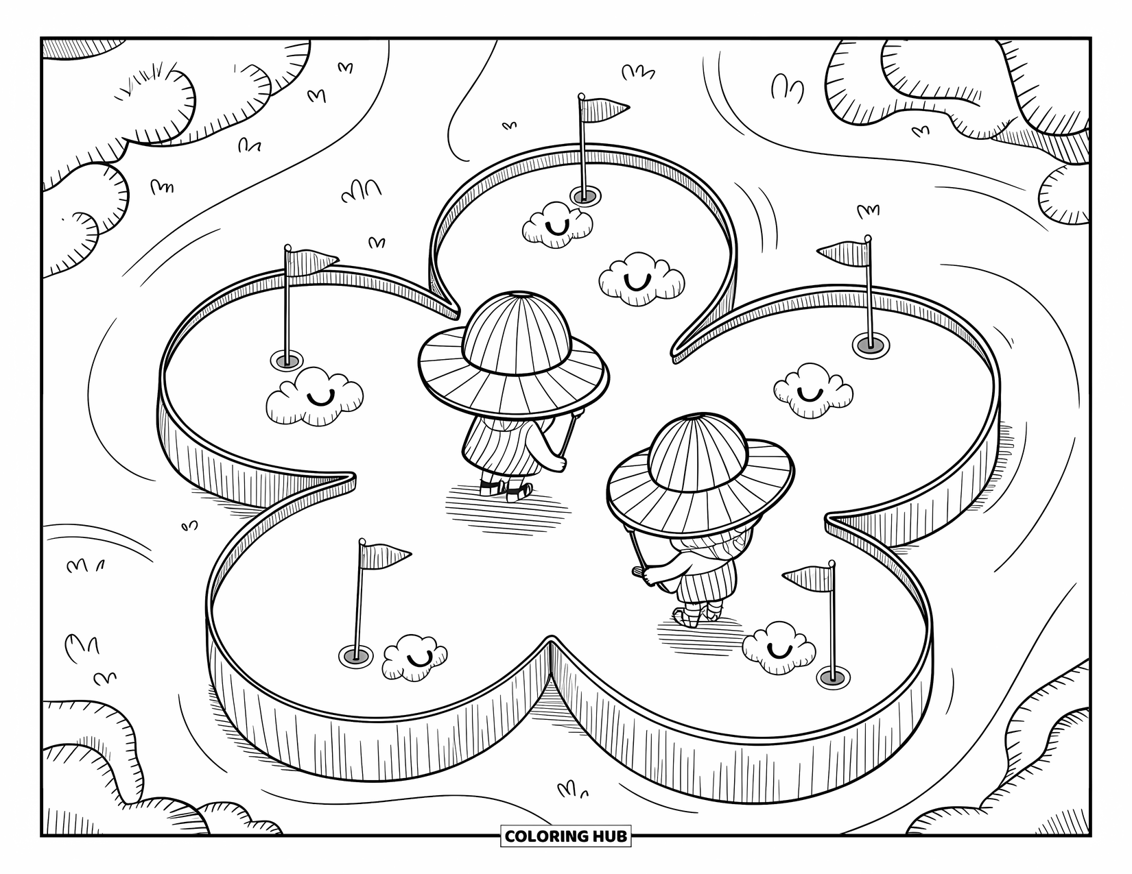 Golf Coloring Page for Adults: A couple enjoys a cloverleaf mini-golf game with cloud faces and curling tree roots