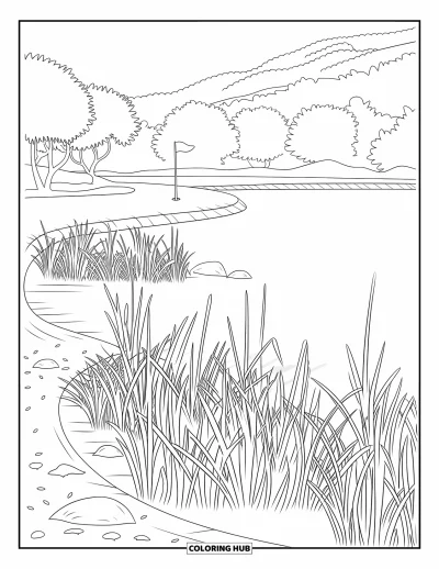 Coloriage de golf pour adultes : Un drapeau vert se dresse parmi des roseaux et des rochers sur un calme parcours au bord du lac