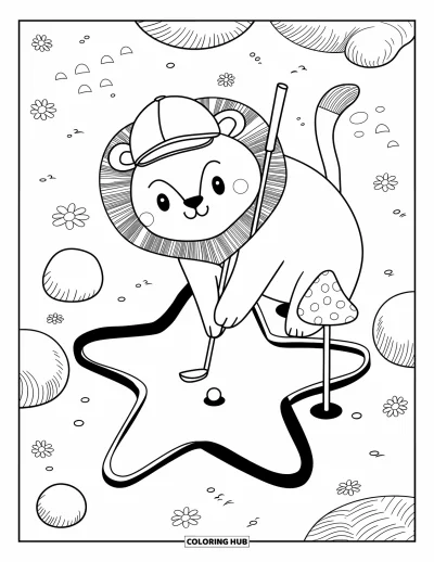 Coloriage de golf pour adultes : Un lion en casquette de golf prépare son tir sur un parcours de mini-golf en forme d'étoile