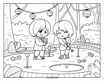 Coloriage de golf pour adultes : Un moment attendrissant où deux frères et sœurs jouent au mini-golf parmi des obstacles en forme de bonbons et des lanternes
