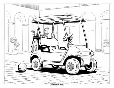 Coloriage de golf pour adultes : Voiturette ancienne garée sur des pavés avec des clubs et des plantes en pot à proximité