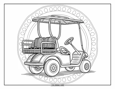 Coloriage de golf pour adultes : Voiturette ancienne avec équipements et un panier en osier soigneusement disposés sur une surface texturée