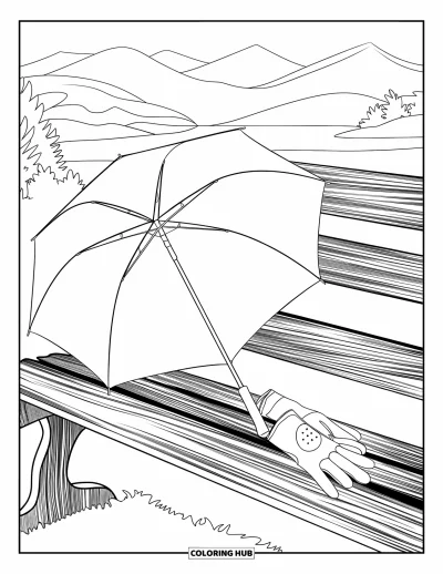Coloriage de golf pour adultes : Banc avec des gants de golf et un parapluie dans un cadre apaisé près de montagnes et d'eau