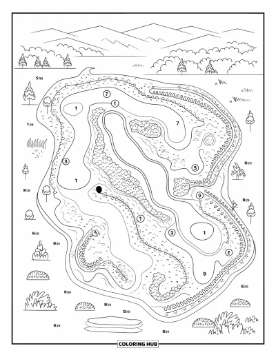 Coloriage de golf pour adultes : Vue aérienne d'un parcours 18 trous avec un terrain varié et des obstacles naturels