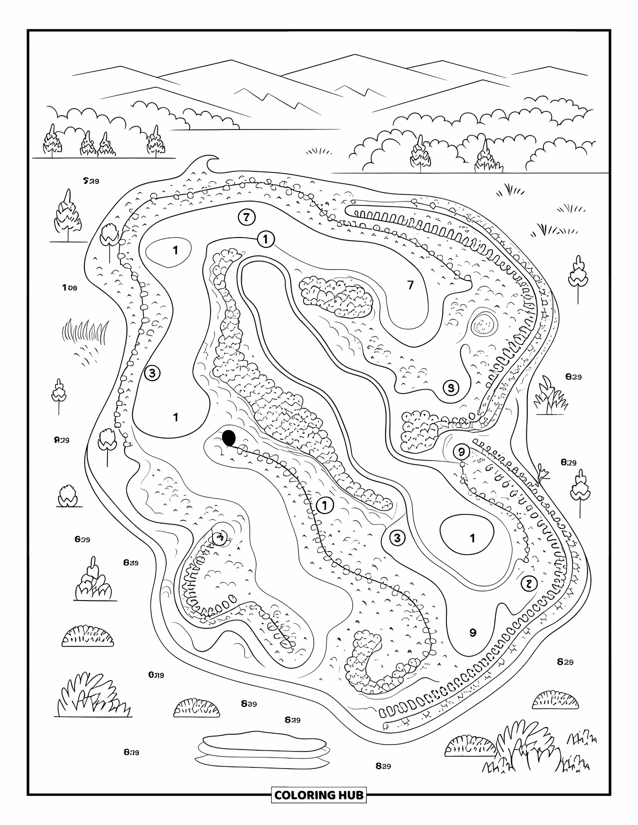 Golf Coloring Page for Adults: Bird's-eye view of an 18-hole course with varied terrain and natural obstacles