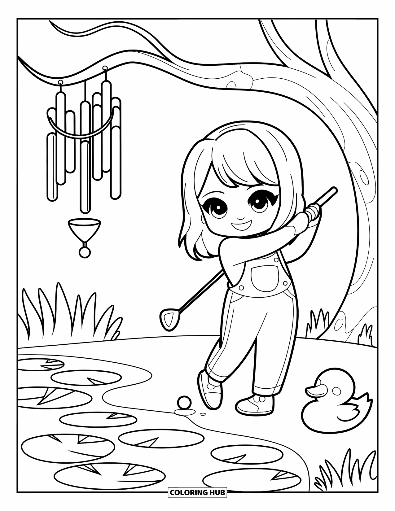 Golf Coloring Page for Adults: Chibi girl swings a golf club near a pond with wind chimes and a sleepy duck