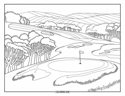 Coloriage de golf pour adultes : Vaste parcours de golf avec plusieurs greens, des arbres et des collines ondulantes