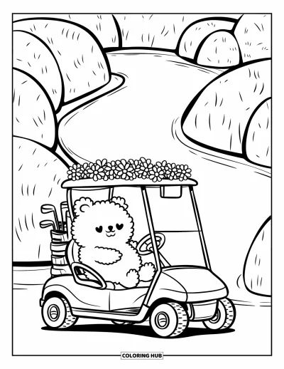 Coloriage de golf pour adultes : Un ours doux s'installe dans une voiturette garée près d'un petit parcours bordé de haies