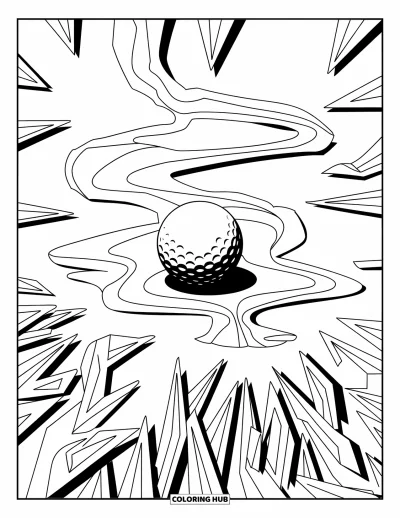 Coloriage de golf pour adultes : Balle de golf au centre de lames géométriques répétitives et de lignes en cercles concentriques