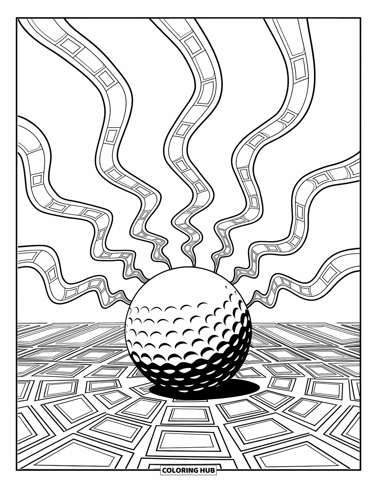 Golf Coloring Page for Adults: Golf ball with abstract lines and shapes radiating on a patterned surface