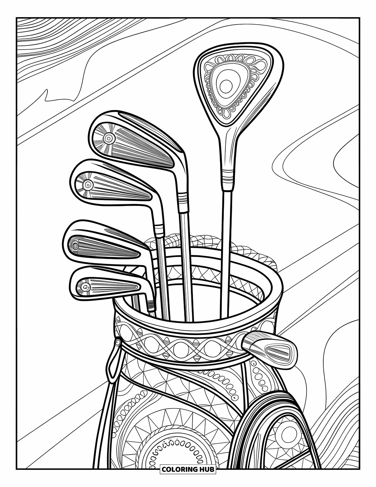 Golf Coloring Page for Adults: Golf clubs with intricate designs rest beside a bag with a circular pattern