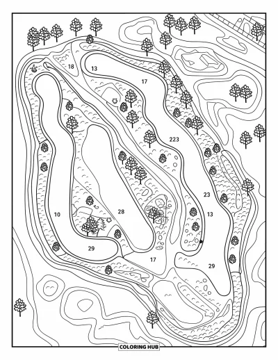 Coloriage de golf pour adultes : Plan d'un parcours de golf avec des trous numérotés, des textures de terrain et la nature environnante